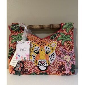 New Release Made In India Viral Beaded Bag Tiger/Jungle with Bamboo Handles NWT